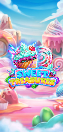 Sweet Treasures artwork showing a cupcake with a logo. In the background is a candy-like land.